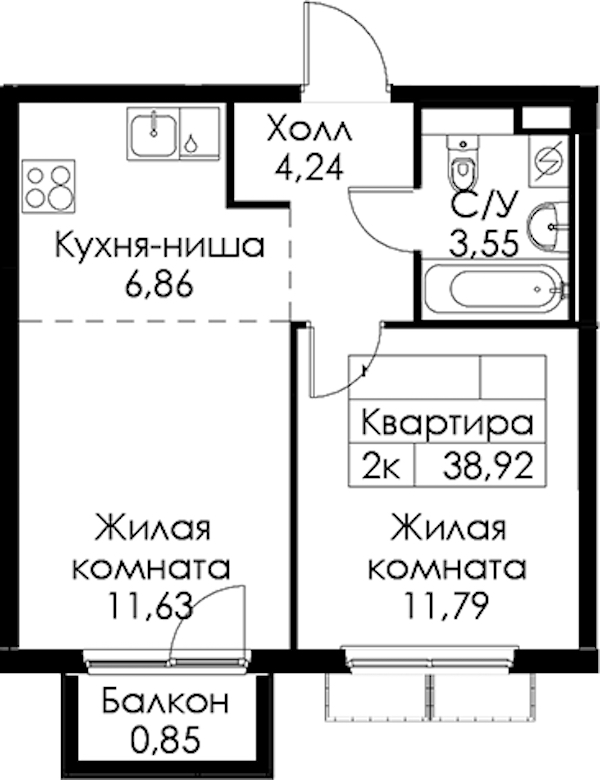 1-комнатная квартира 38.92 м², 11/15 эт., ЖК «Янинский лес»